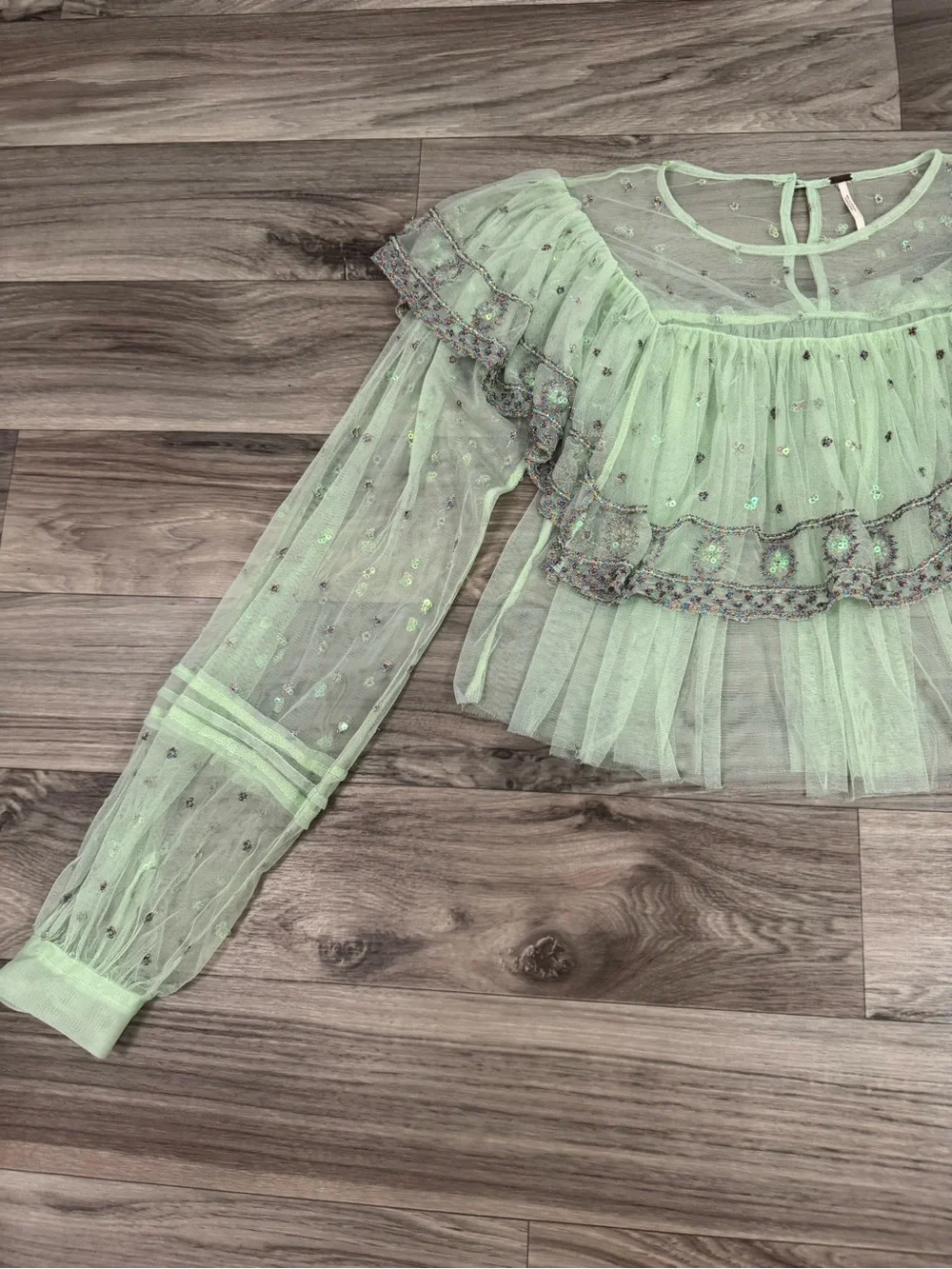 Free People Disco Ball Embellished Sequined Long Sleeve Top Blouse Size Small